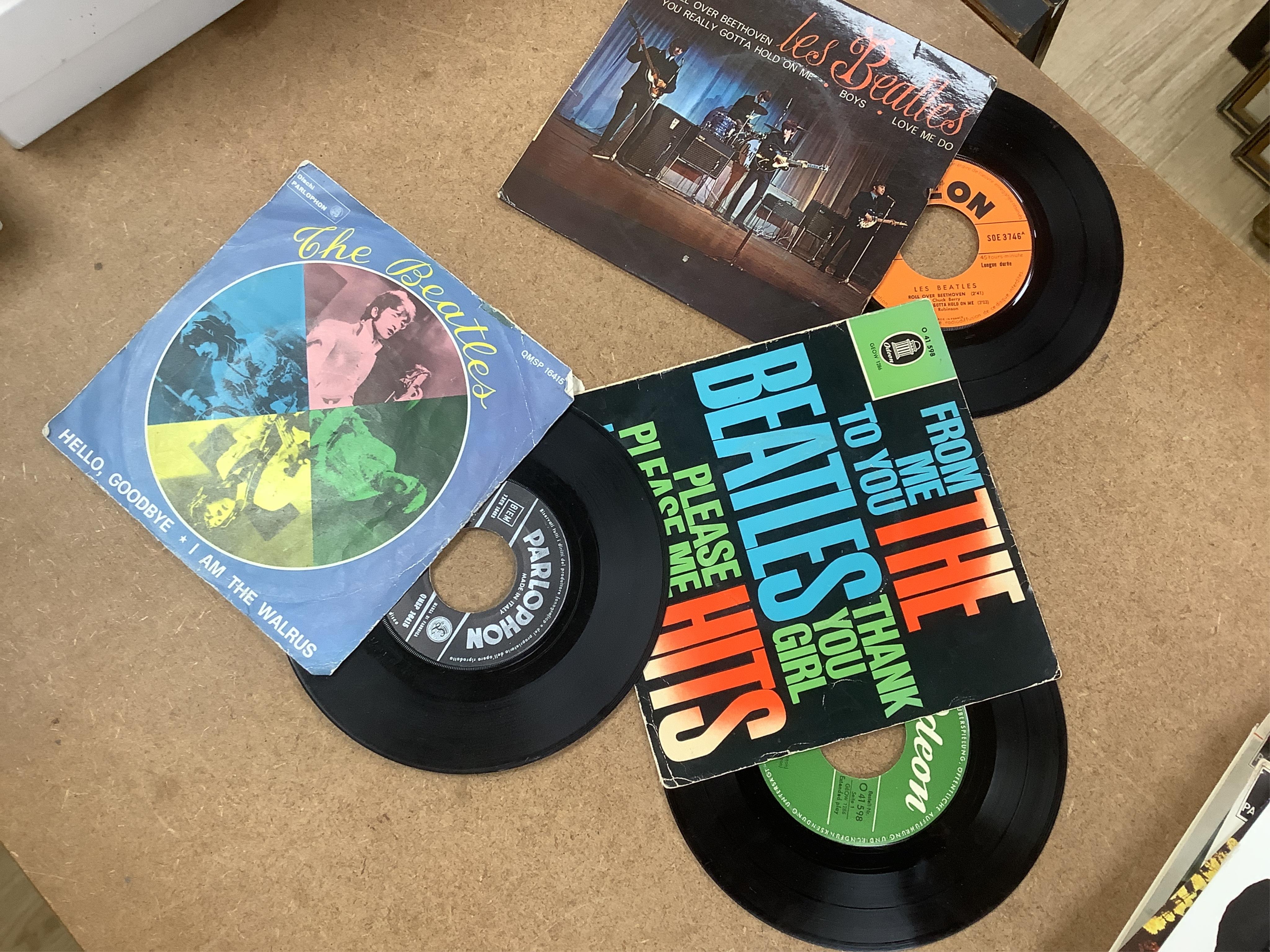 Fifteen The Beatles 7” singles, all in pictures sleeves, including; Extracts from A Hard Days Night, The Beatles Million Sellers, Twist and Shout, Hello Goodbye, Lady Madonna, etc., including several foreign issues